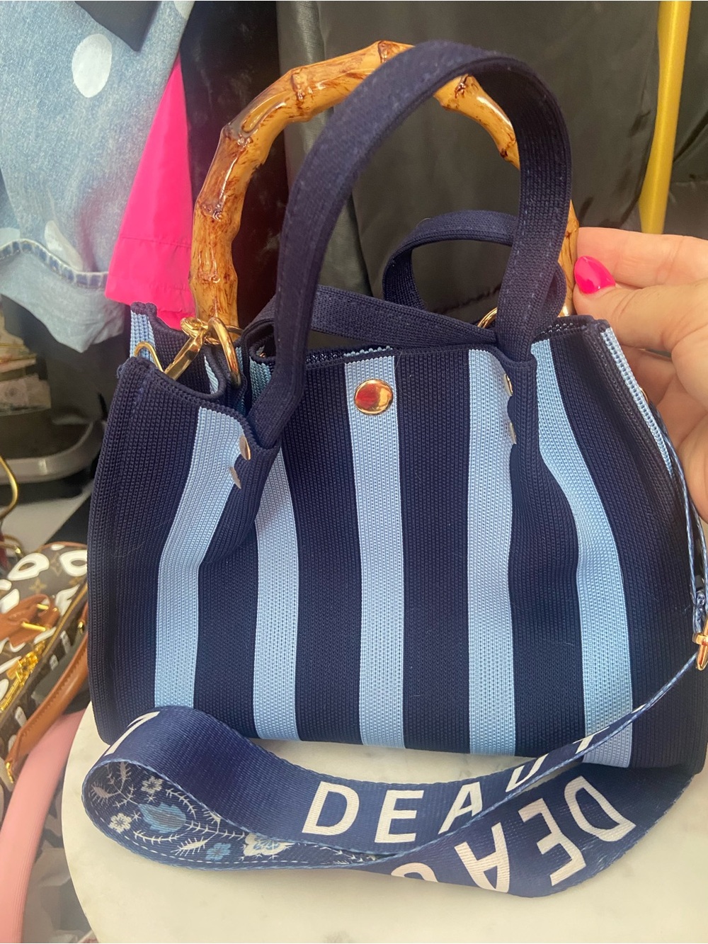 Striped Navy and Light Blue Tote Bag with Bamboo Handles